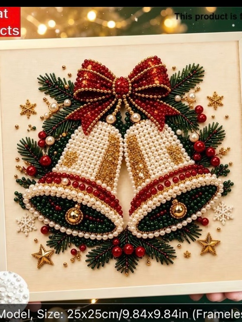 Festive pearl diamond DIY craft painting. 2D canvas. Holiday Bells.